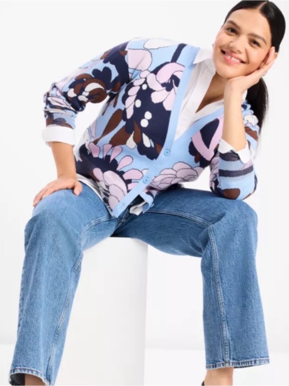 Kate Spade S New York Autumn Paisley in Astral Blue Multi Floral V-Neck Cardigan